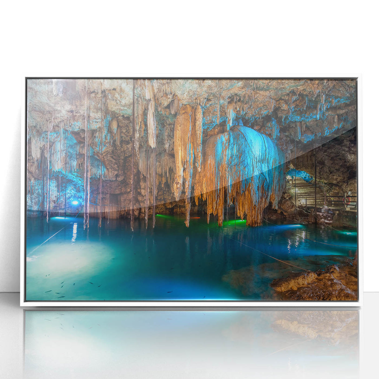 Art deco poster of Yucatán scenery in pastel colors, framed in white acrylic, suitable for modern nursery wall art.