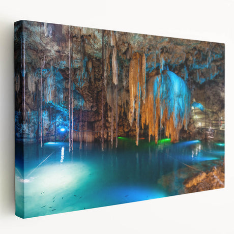 Large art print of Yucatán, Mexico scenery on stretched canvas, featuring vivid green and blue tones.