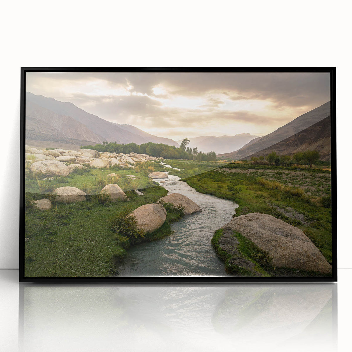 Large abstract wall art depicting a Middle Eastern scene in muted earth tones on a framed acrylic.