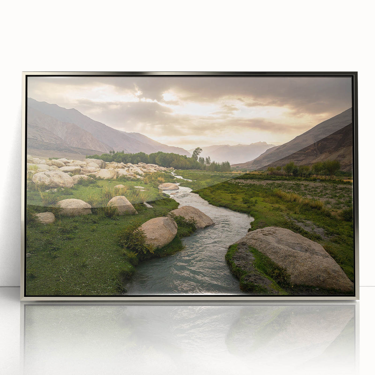 Mid-century modernist art depicting a serene Afghan landscape in muted earth tones, framed acrylic print.