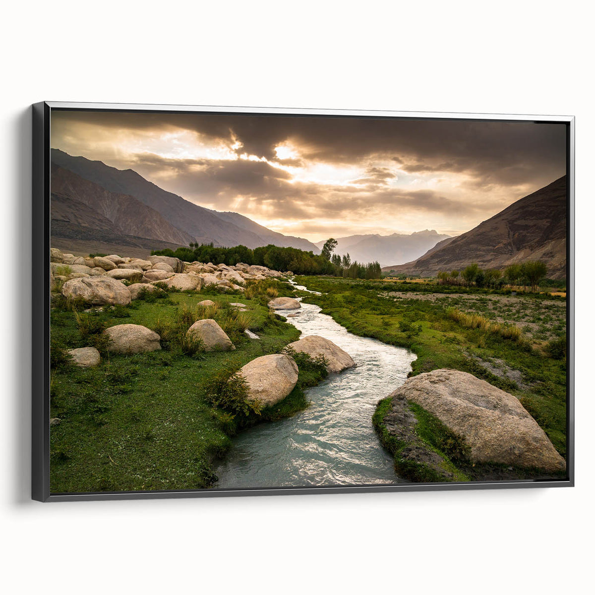 Black and white landscape art painting of a Middle Eastern scenery on framed canvas, suitable for bedroom decor.