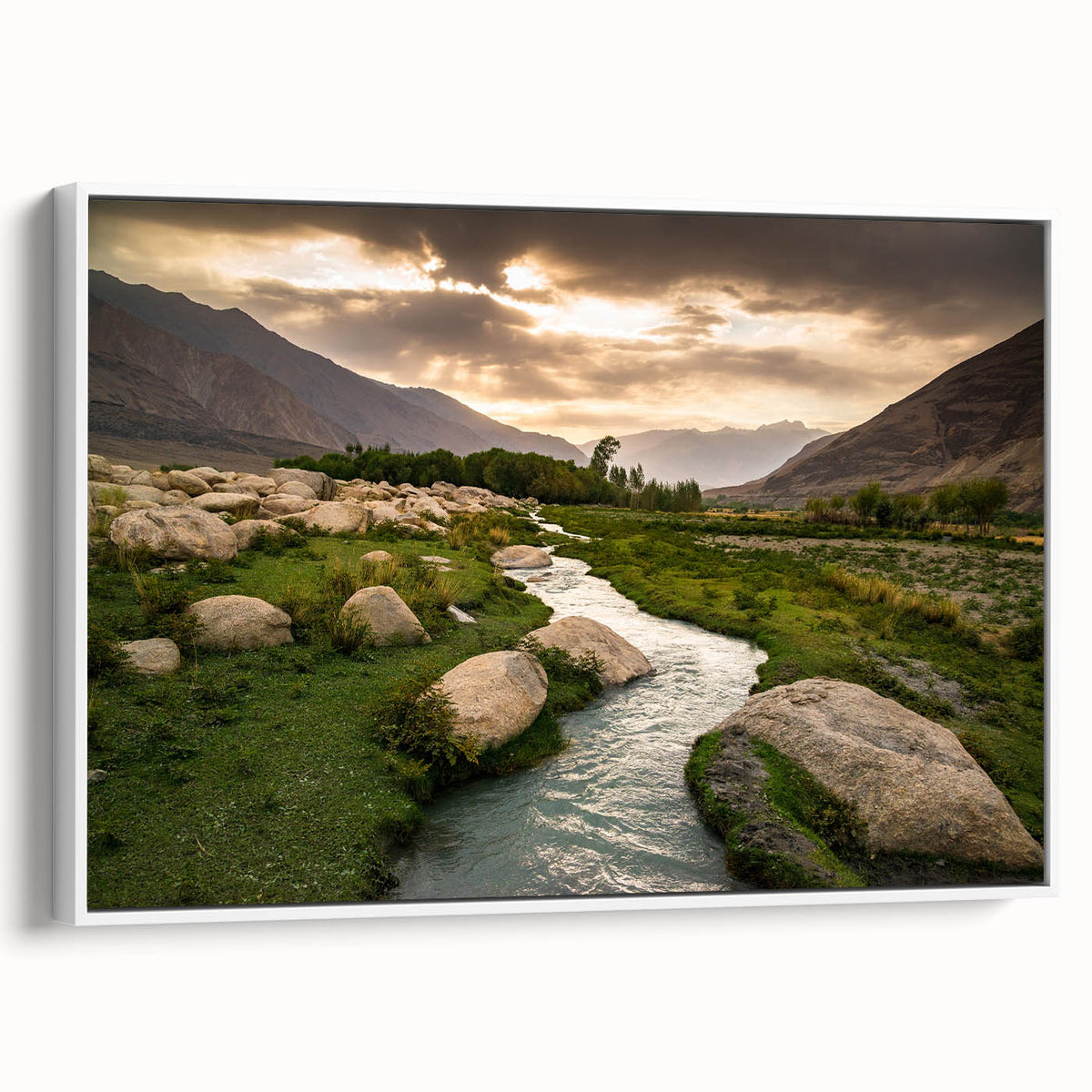 Vintage poster art of a Middle Eastern desert scene on a framed canvas, featuring earthy tones, ideal for living room decor.