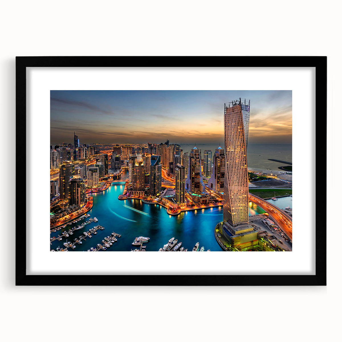 Colorful abstract art print of Dubai skyline in vibrant hues on a large framed canvas, ideal for living room decor.