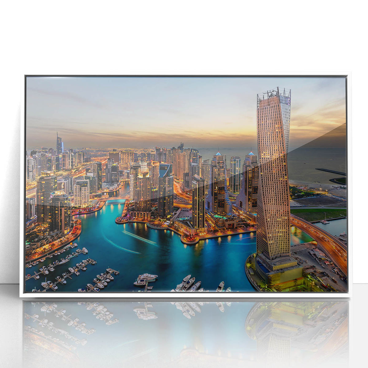 Art deco poster of Dubai skyline in muted gold and blue tones on a white framed acrylic, suitable for modern art wall decor.