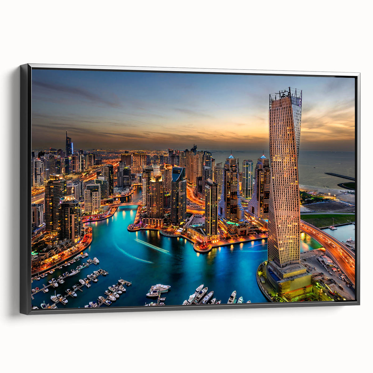Black and white framed canvas of Dubai skyline with vintage poster art style, ideal for bedroom wall decor.