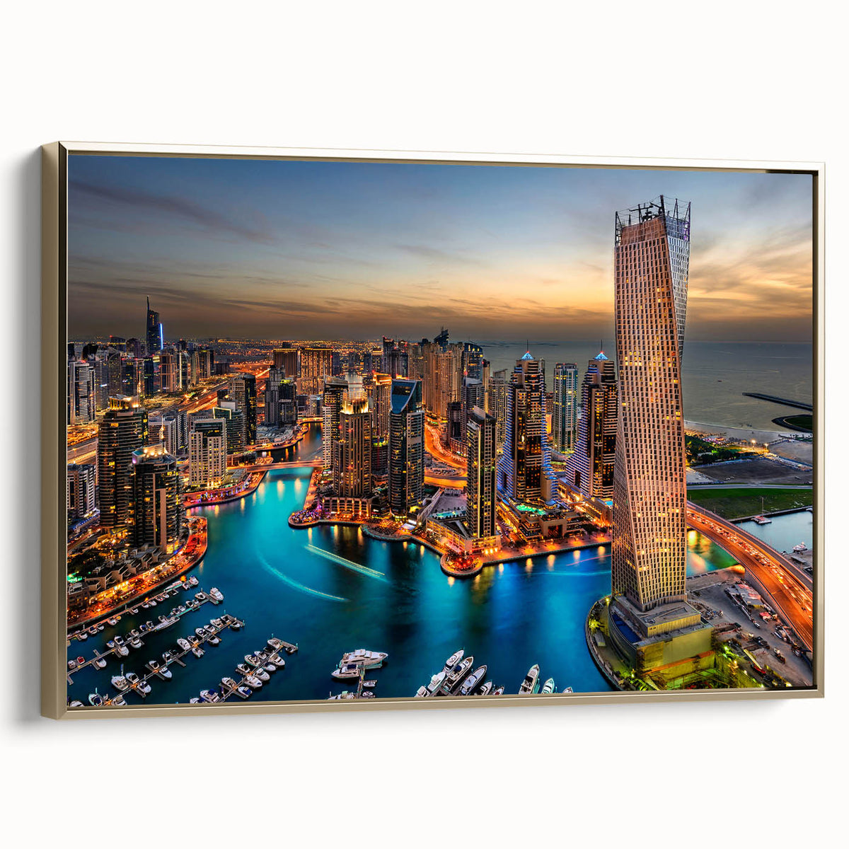Framed canvas wall art featuring a black and gold vintage poster of the Dubai skyline, suitable for bedroom decor.