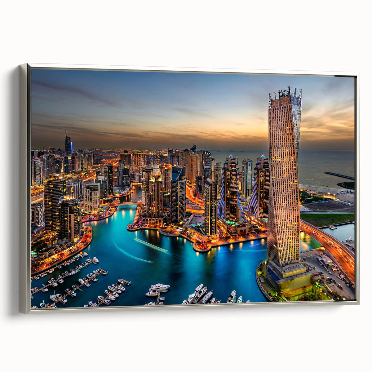Framed canvas featuring a landscape art painting of the Dubai skyline in colorful hues, ideal for modern office decor.