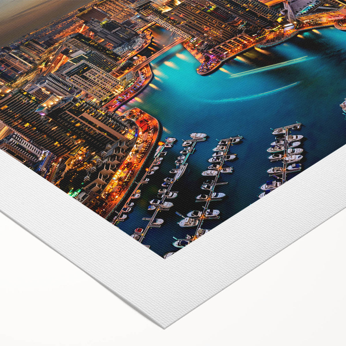 Art deco poster of Dubai skyline in muted gold and blue tones on rolled canvas, suitable for dining room wall art.