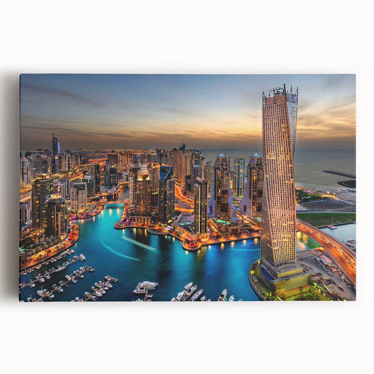 Black and white stretched canvas of Dubai skyline, ideal for kitchen wall art.