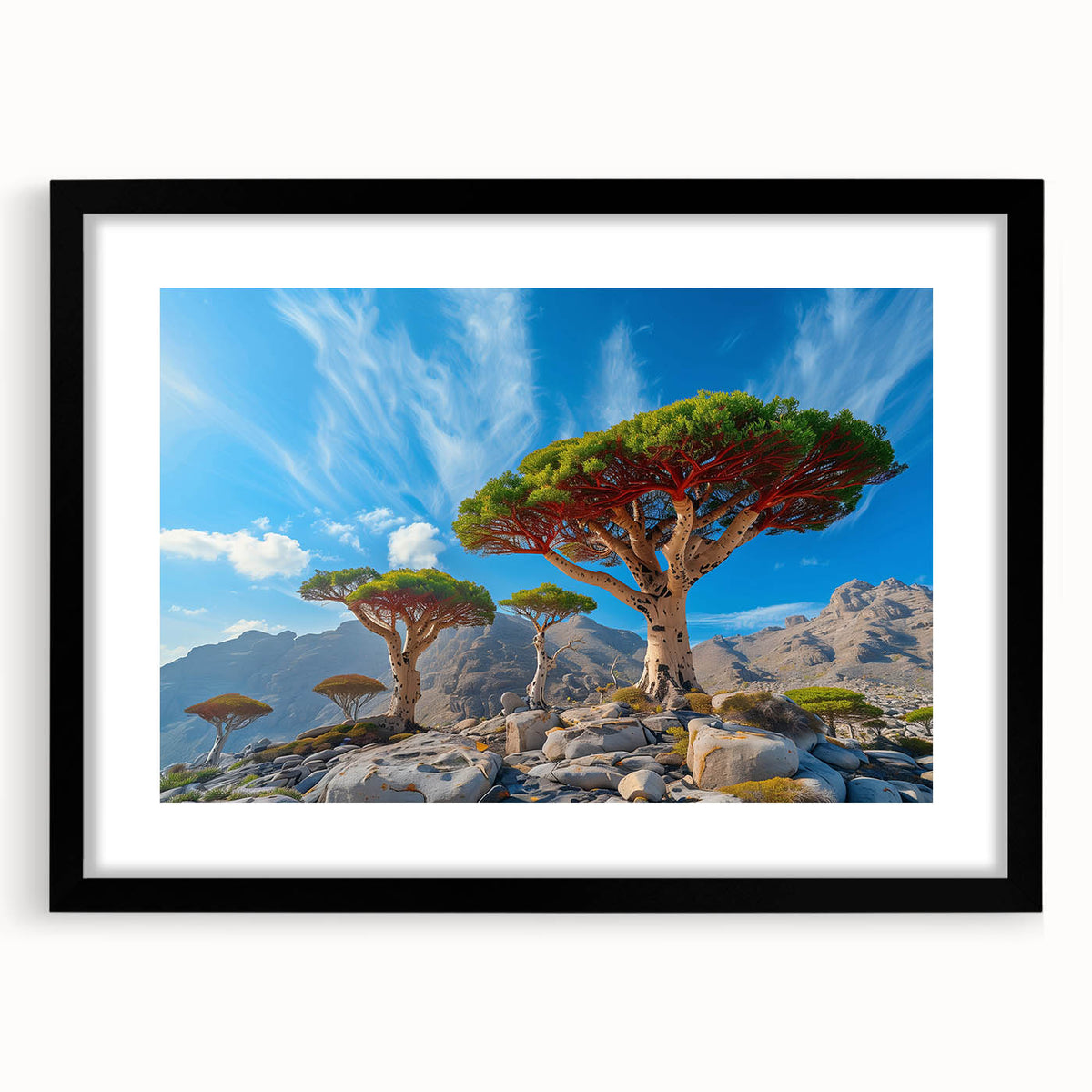 Abstract art print of a Middle Eastern landscape in vibrant colors on a large, framed canvas, suitable for living room decor.