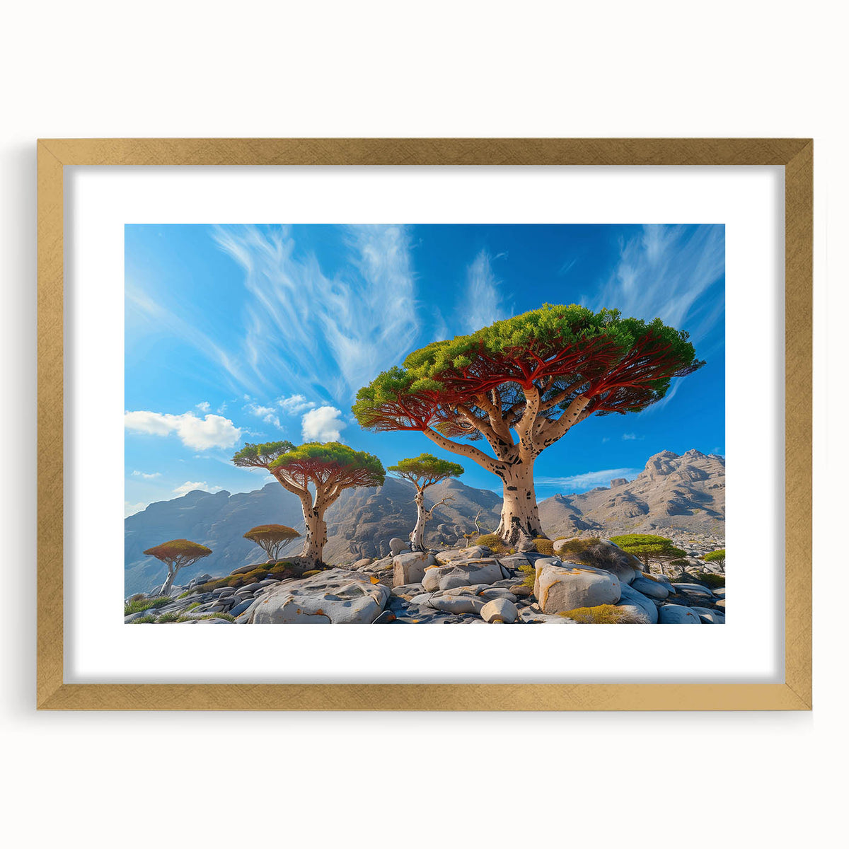 Extra large abstract art print featuring textured scenery of Yemen in gold frame, ideal for living room decor.