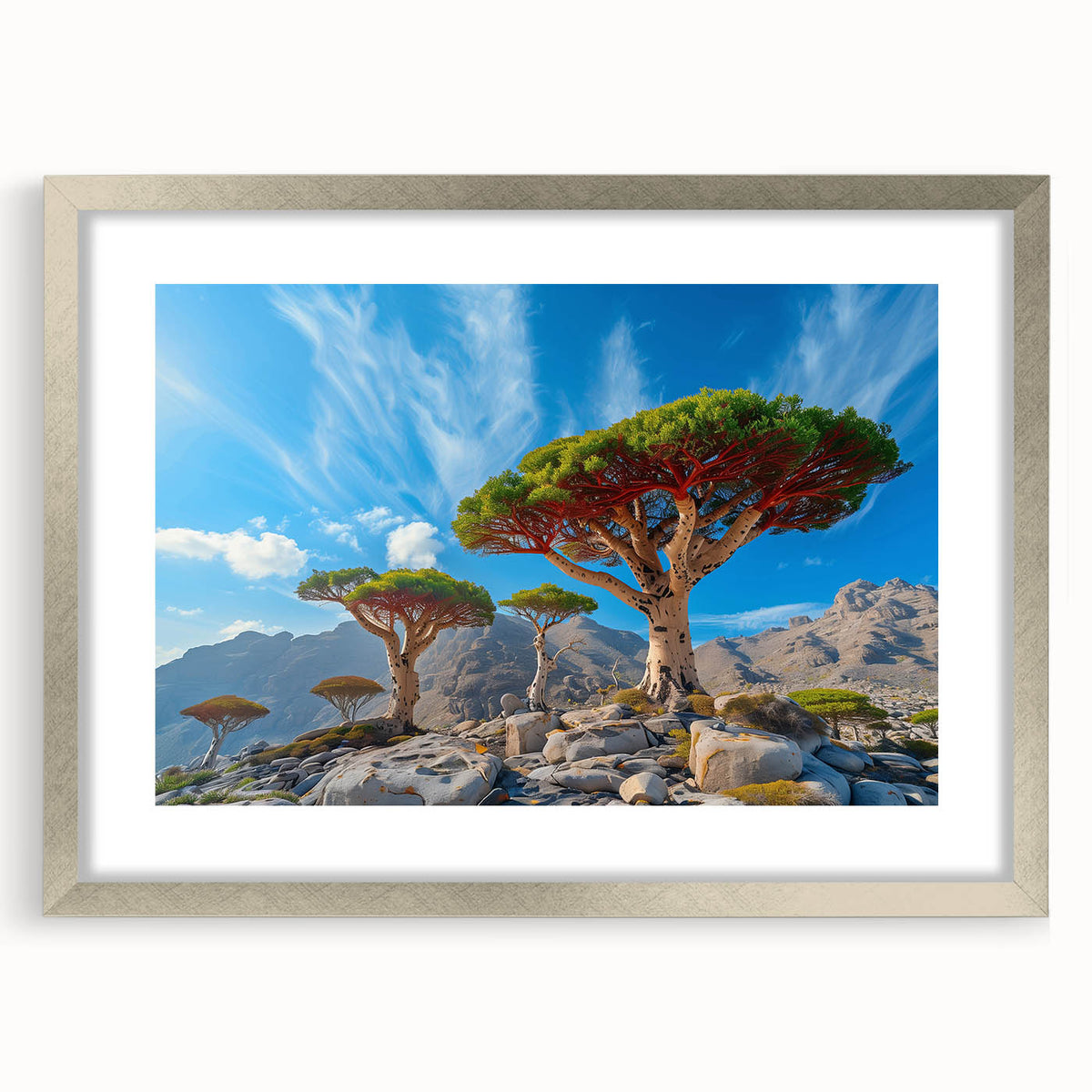 Textured art print depicting an abstract Middle Eastern scenery in muted earth tones on a framed silver mat.