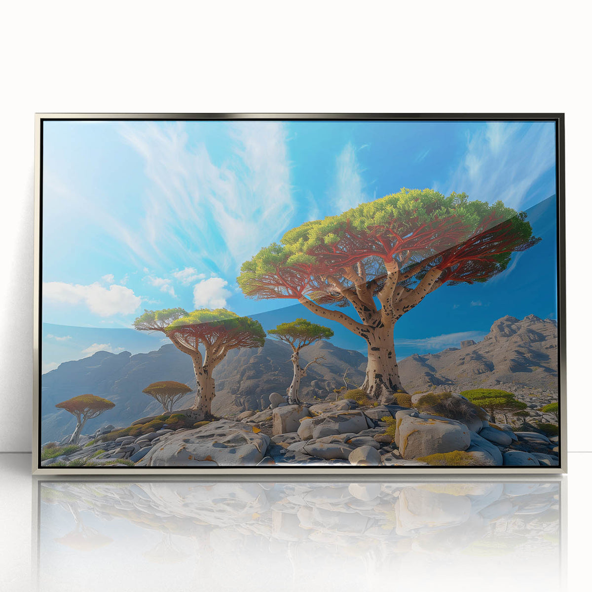Mid-century modernist art depicting a serene Middle Eastern landscape in muted earth tones, framed acrylic.