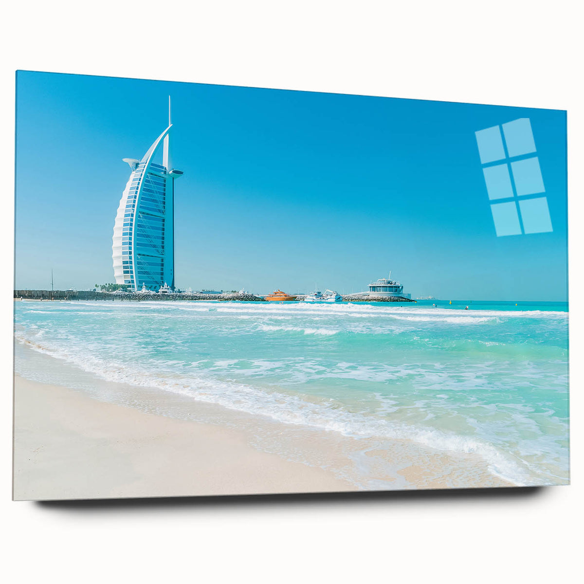 Acrylic print of the Burj Al Arab in muted blue and white, ideal for bedroom or dining room art.