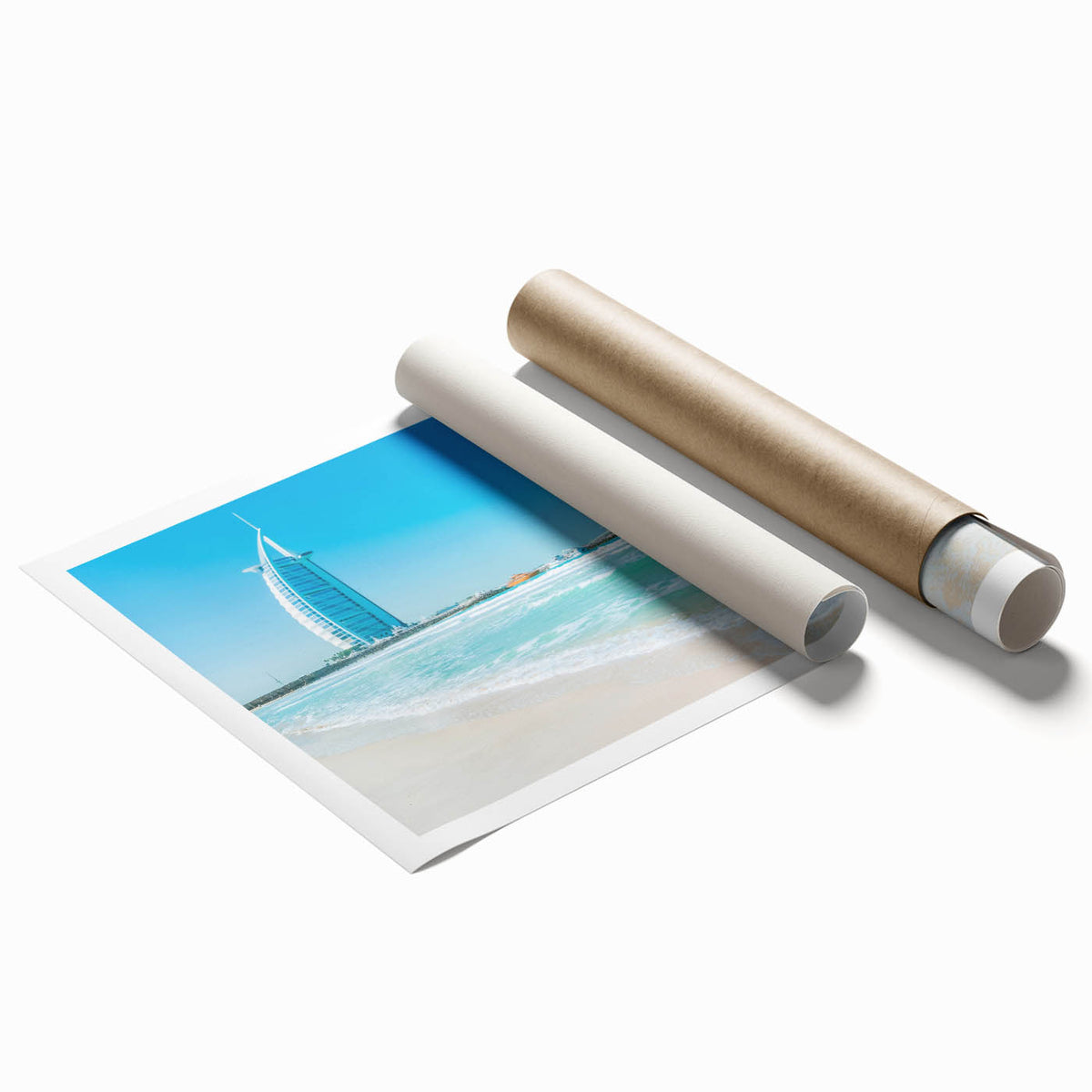 Extra large rolled print of Burj Al Arab with soft floral motifs in pastels, ideal for classy bathroom wall art.