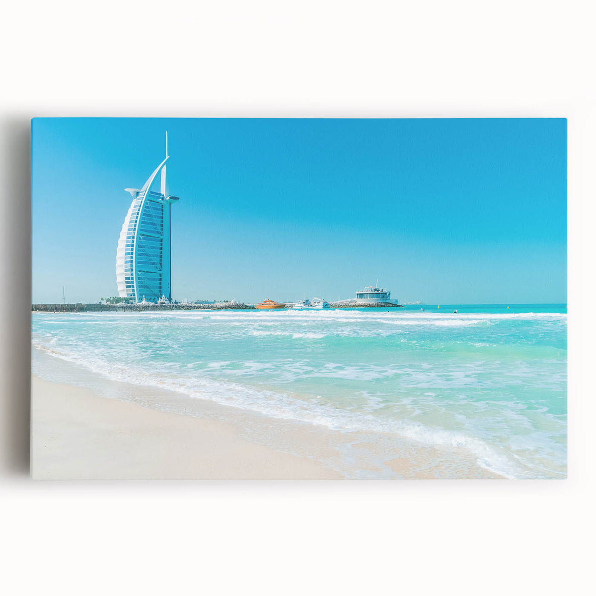Black and white large art print of Burj Al Arab on stretched canvas, ideal for kitchen wall art.