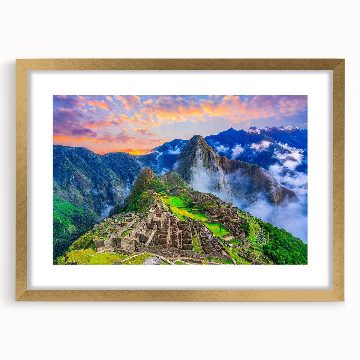 Extra large framed wall art depicting an abstract rendition of Machu Picchu in textured gold and green tones.