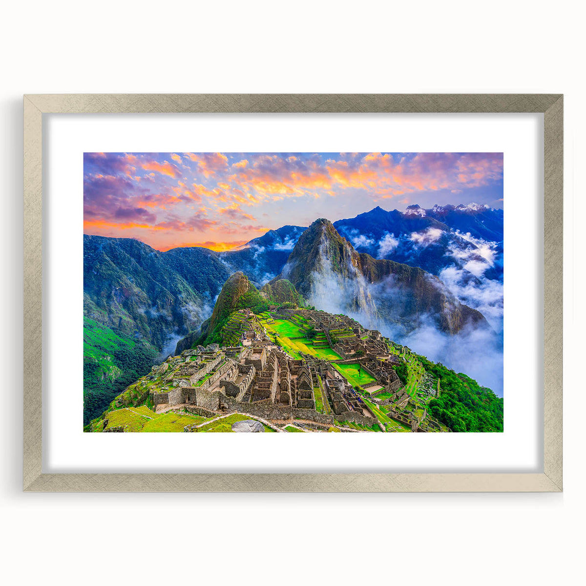 Textured art print of Machu Picchu in muted earth tones, framed in silver, ideal for bedroom art.