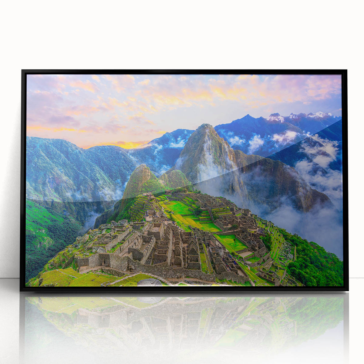 Framed acrylic print of Machu Picchu in grayscale, ideal for modern art wall decor.
