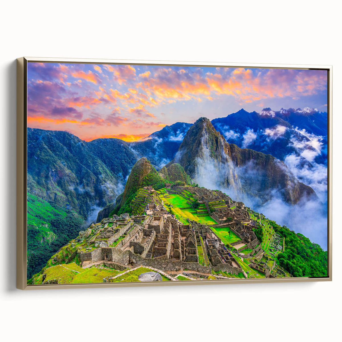 Framed canvas wall art of Machu Picchu in muted earth tones, ideal for bedroom decor, featuring vintage poster style.