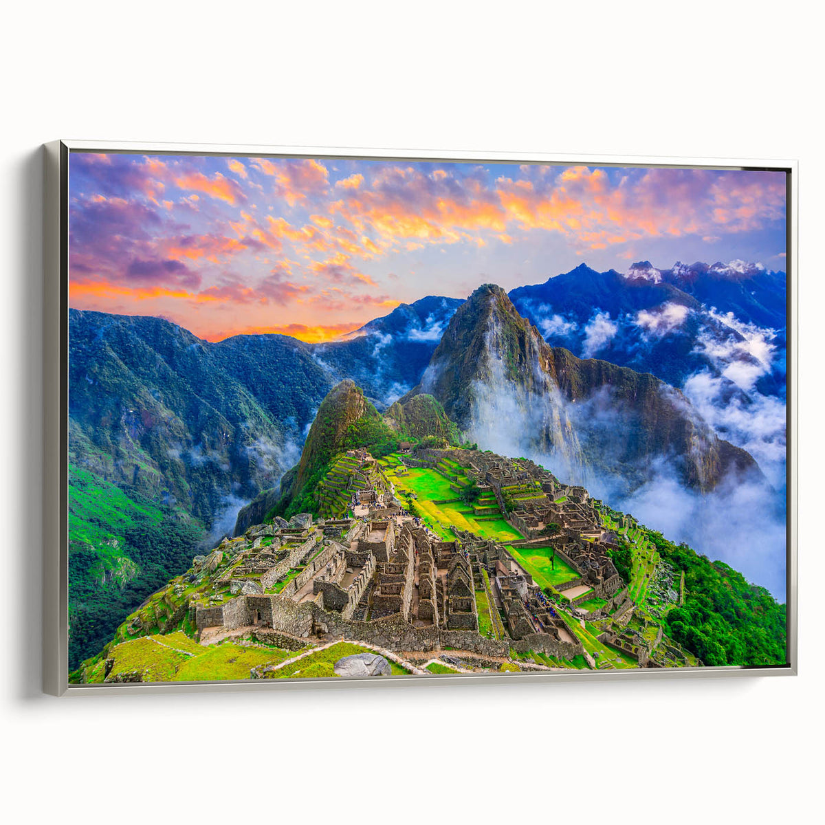 Framed canvas landscape art painting of Machu Picchu in vibrant greens and blues, ideal for living room decor.