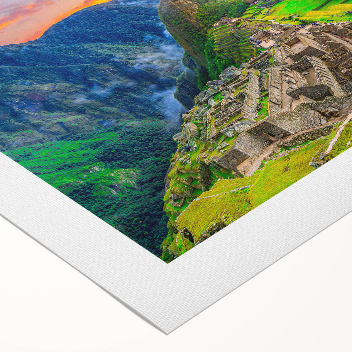 Art deco poster of Machu Picchu in soft green and earth tones on rolled canvas, suitable for dining room decor.