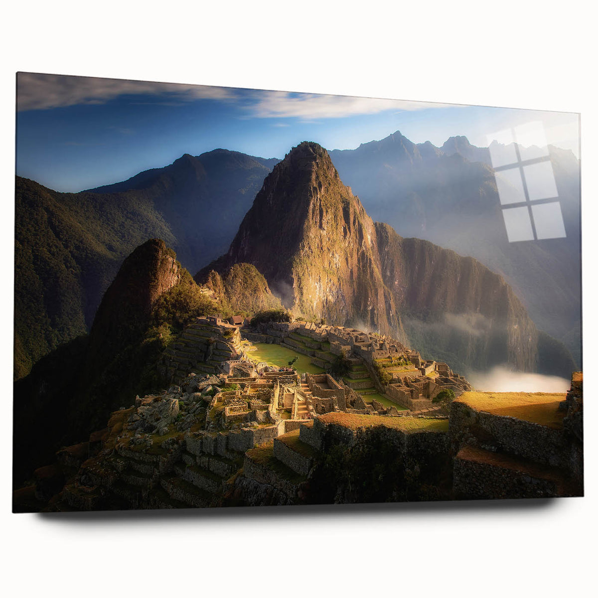 Large abstract depiction of a South American landscape in muted earth tones on acrylic glass.