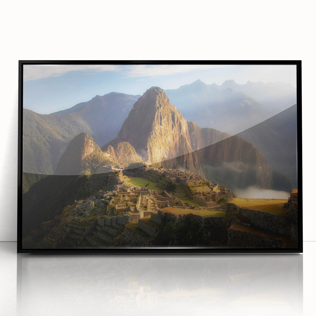 Large abstract wall art depicting a stylized Peruvian landscape in muted earth tones on a framed acrylic print.
