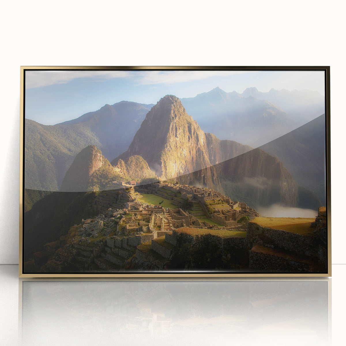 Acrylic print of a mid-century modernist Peruvian landscape in muted earth tones, ideal for modern art wall decor.