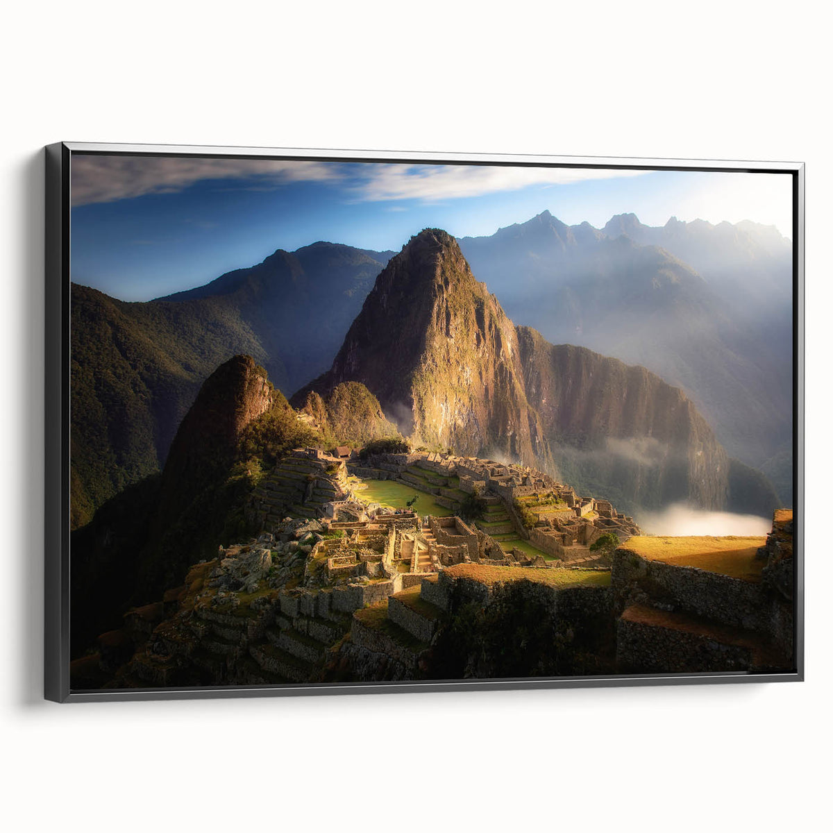 Black and white framed canvas of a Peruvian landscape, ideal for bedroom wall art in a vintage poster style.