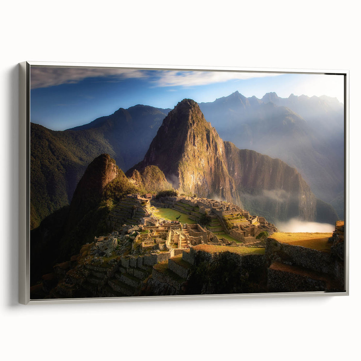 Framed canvas landscape art painting depicting a colorful vintage-style scene of a Peruvian village.