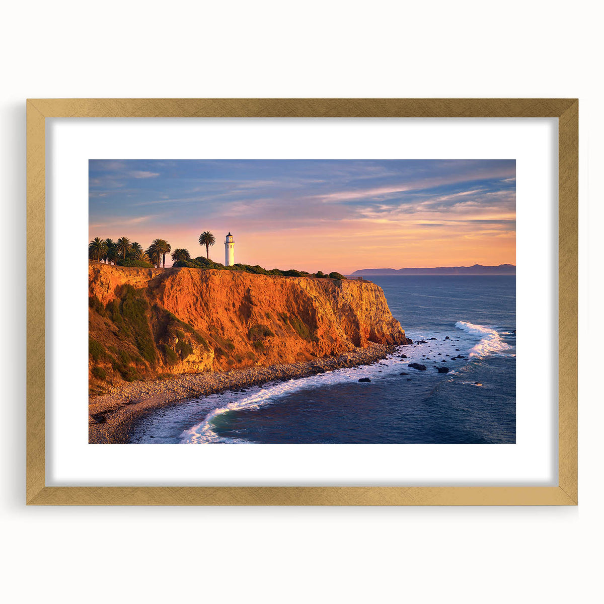 Extra large abstract art print of Catalina, California in textured style with vibrant blue and green hues, framed in gold.