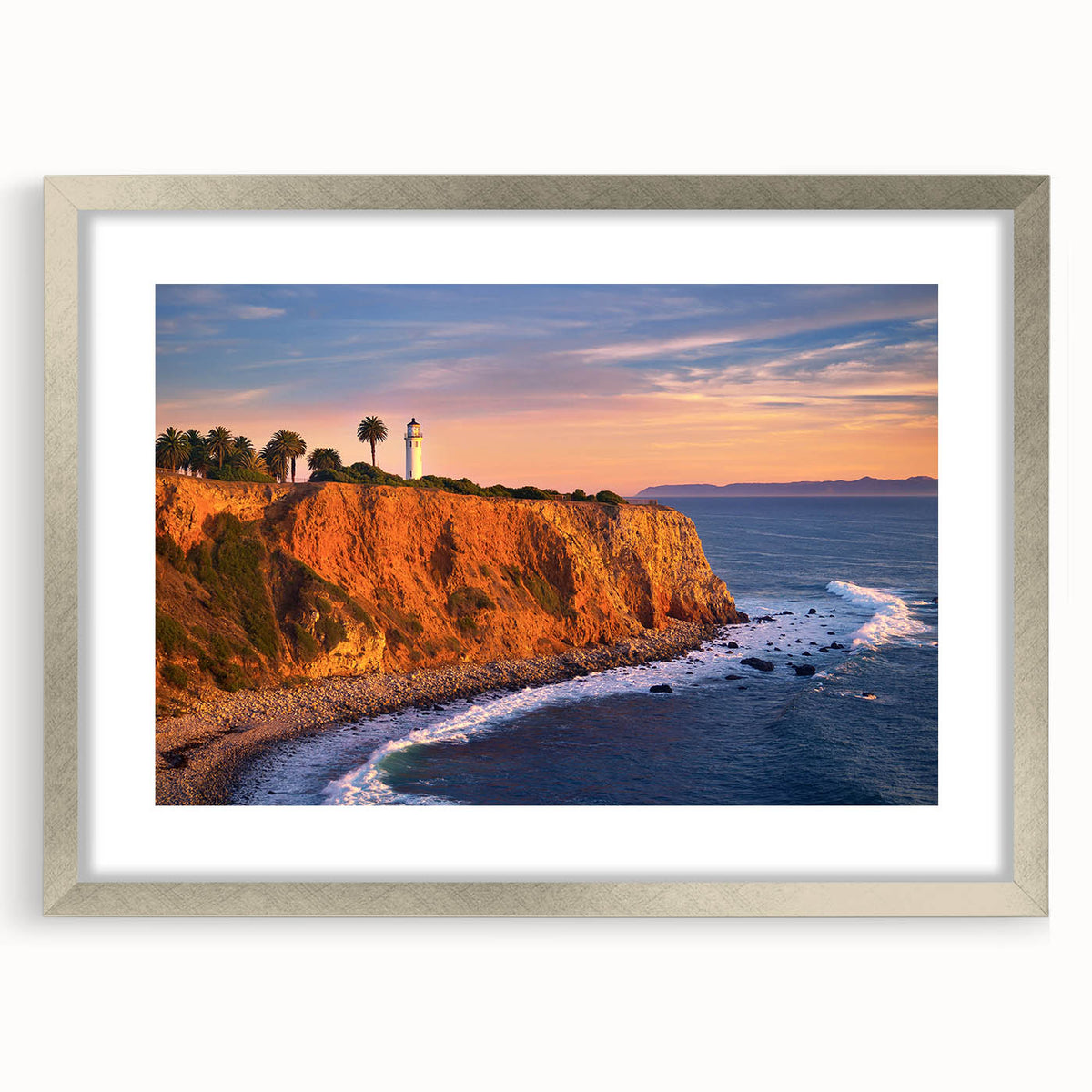 Textured abstract art print of California's Catalina scenery in muted colors on a framed silver mat, ideal for bedroom art.