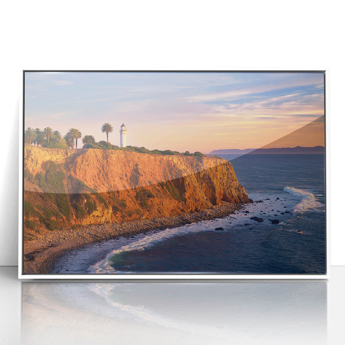 Art deco-style poster of Catalina, California scenery in muted blue tones, framed acrylic, ideal for nursery wall art.