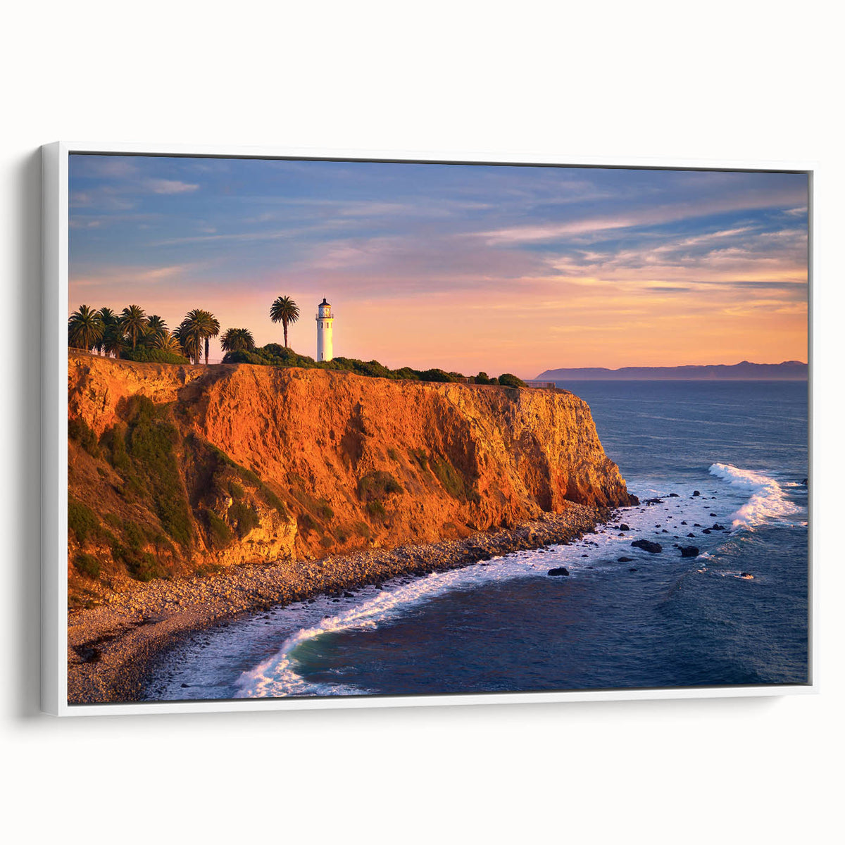Vintage poster art of Catalina, California on framed canvas, featuring colorful art with black accents.