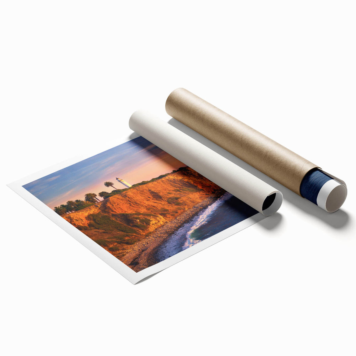 Extra large rolled print of Catalina Island with lush floral foreground in vibrant green and blue tones.