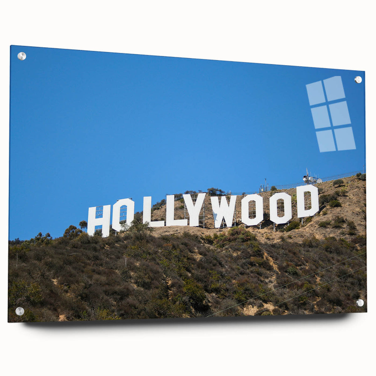 Acrylic glass print of a large abstract depiction of the Hollywood, California landscape in muted earth tones.