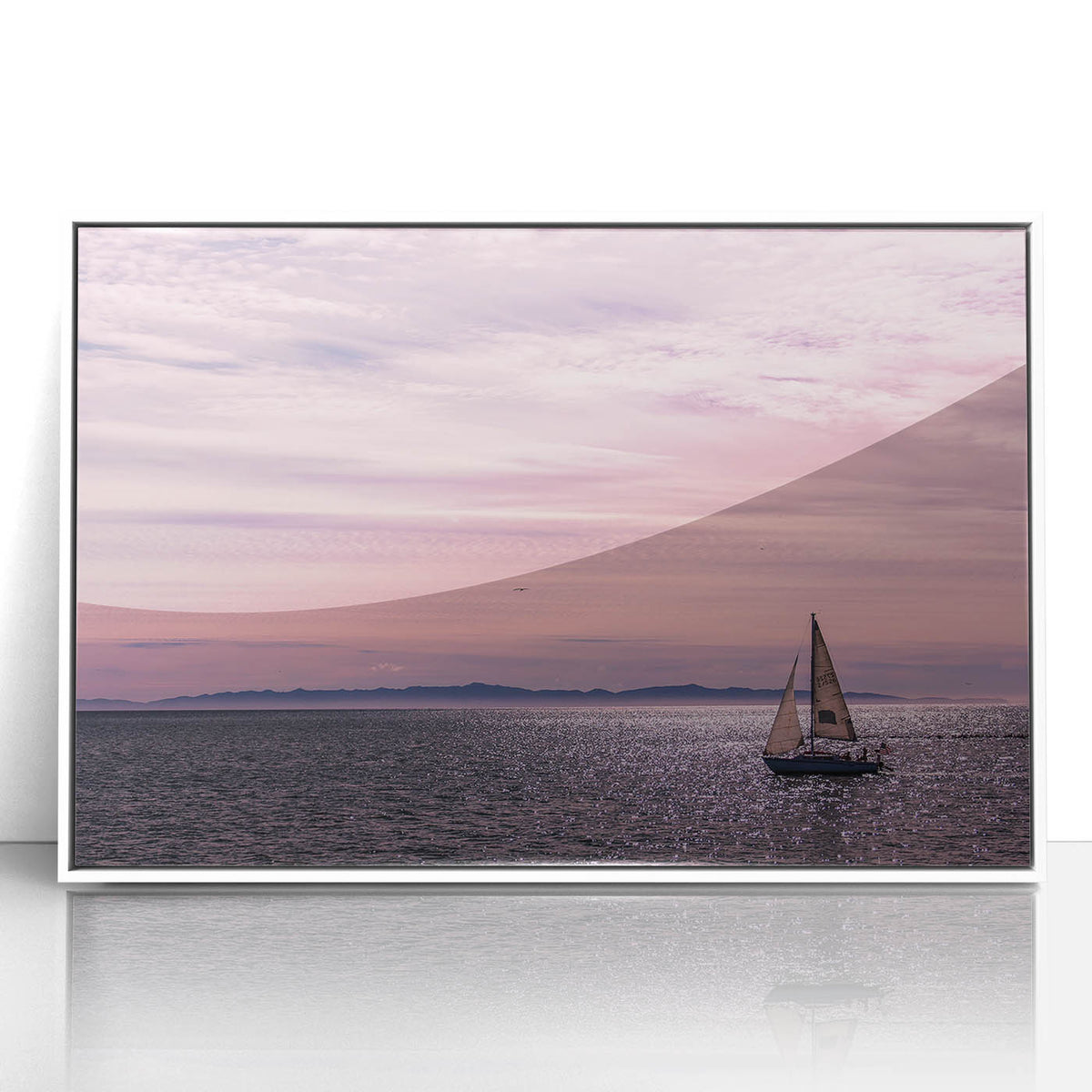 Art Deco style poster of Santa Barbara scenery, framed in white acrylic, featuring pastel color palette.