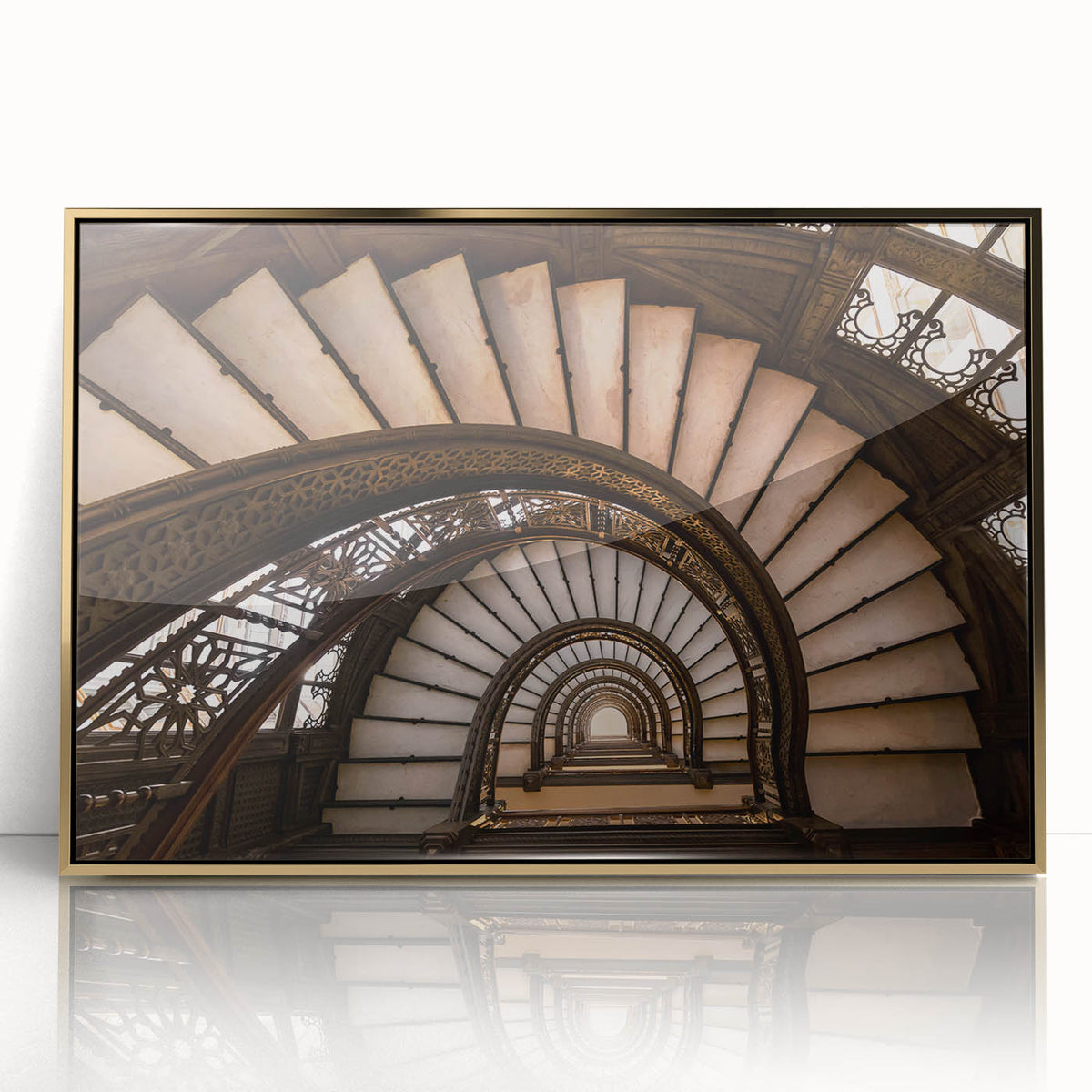 Acrylic print of Chicago skyline in muted gold and blue shades on a framed canvas, suitable for modern art wall decor.