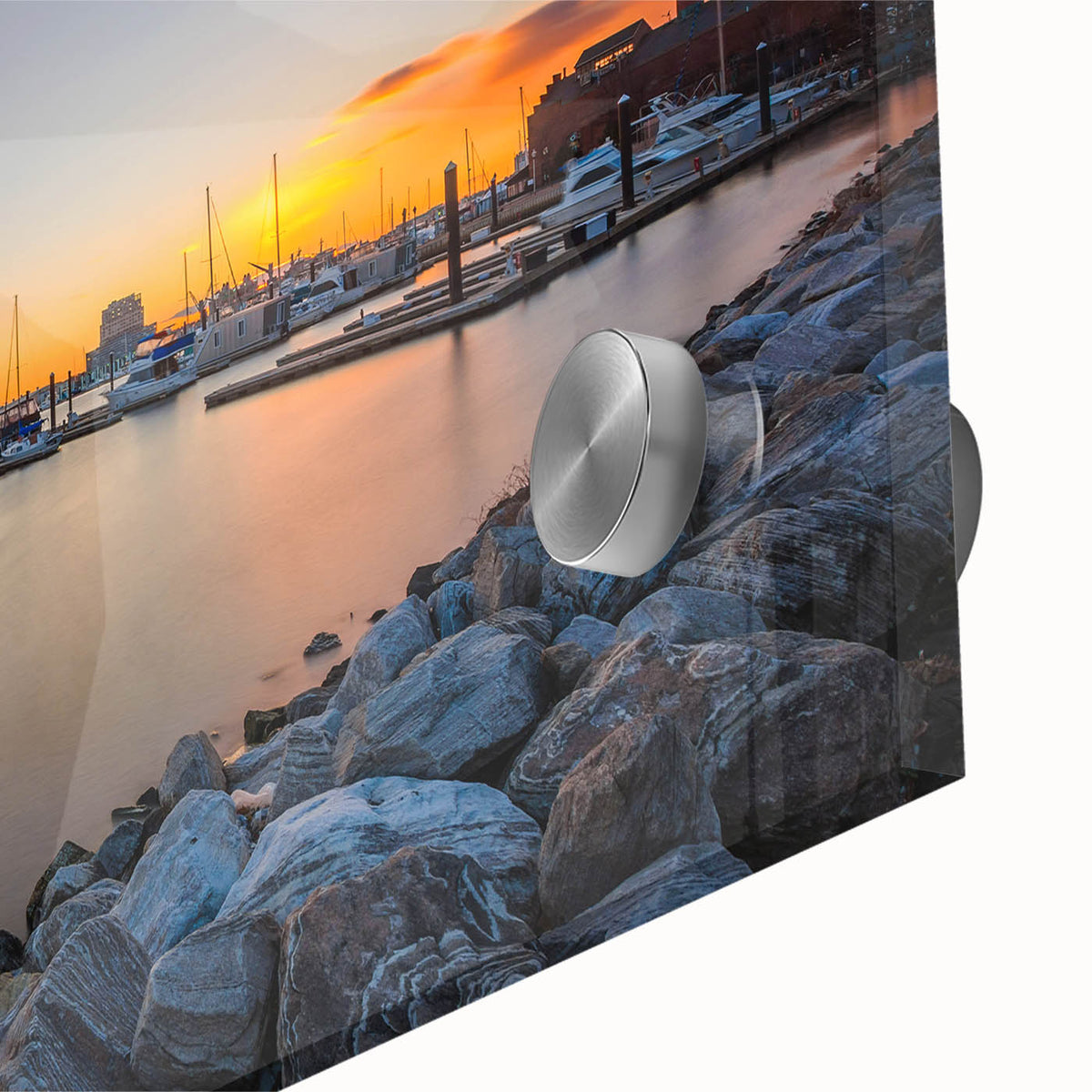 Large abstract depiction of Baltimore skyline in muted gray and blue tones on acrylic glass, ideal for dining room art.