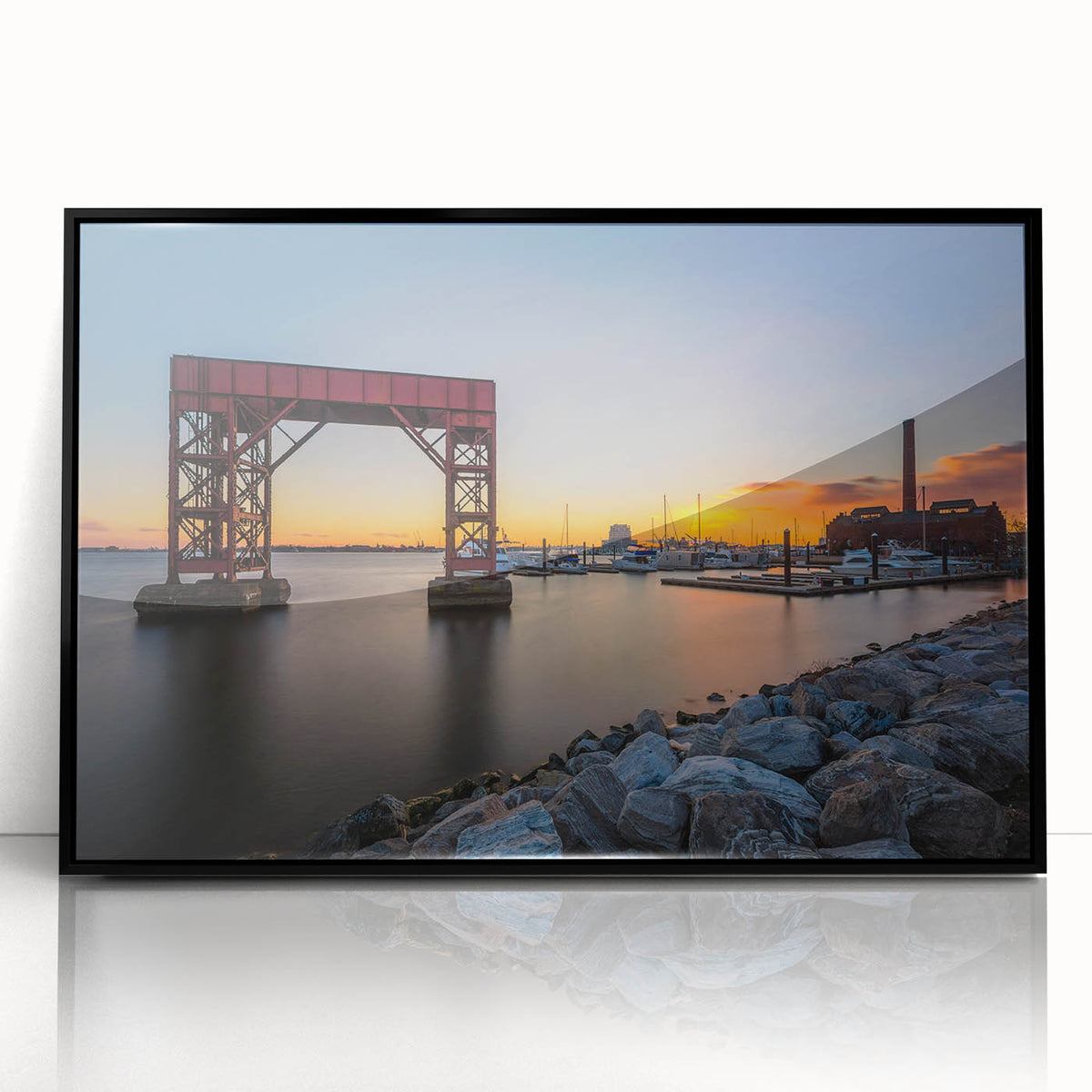 Large abstract wall art featuring the Baltimore skyline in muted gray and blue tones on a framed acrylic panel.