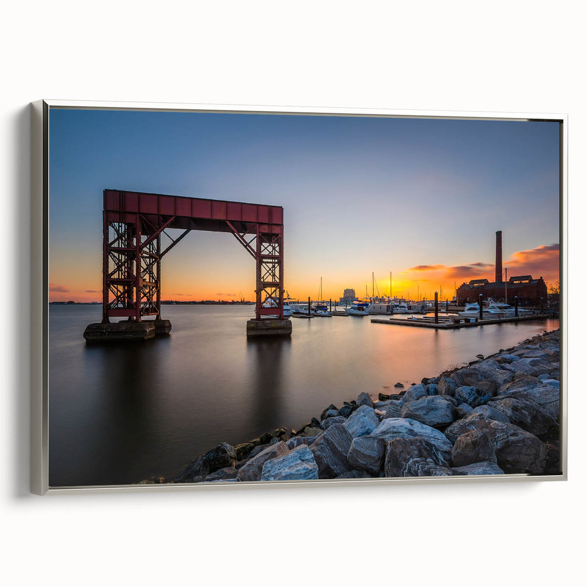 Framed canvas featuring a vintage-style black and white landscape painting of the Baltimore skyline.