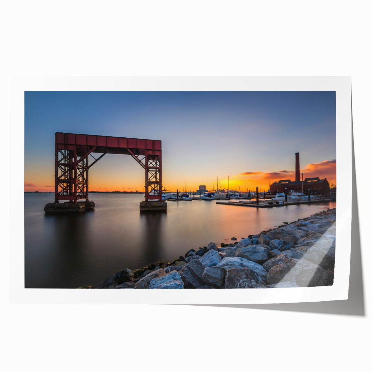 Rolled print of Baltimore skyline in muted blue tones, suitable for art wall dining room.