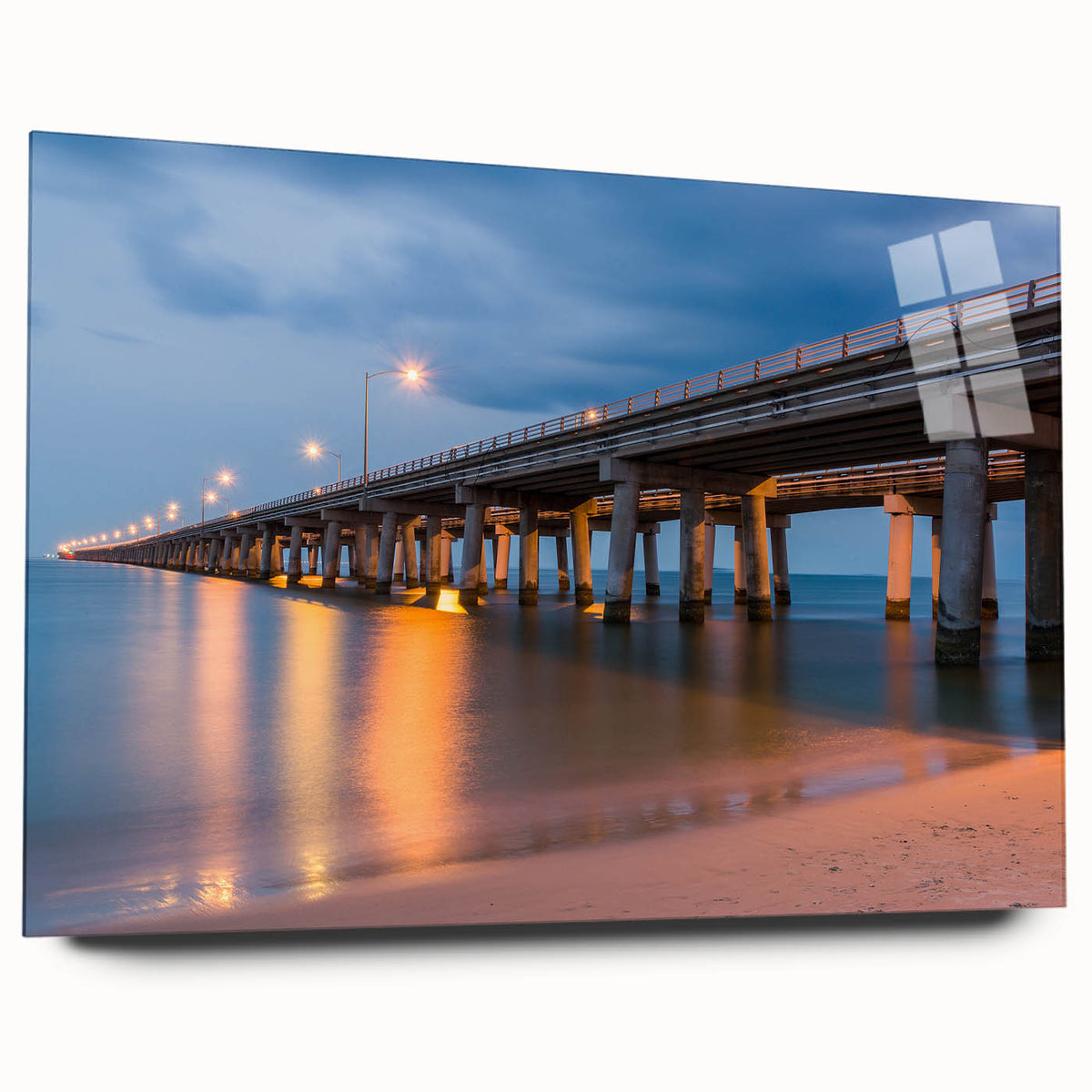 Large abstract wall art of Chesapeake Bay in muted blue and green tones on acrylic glass.