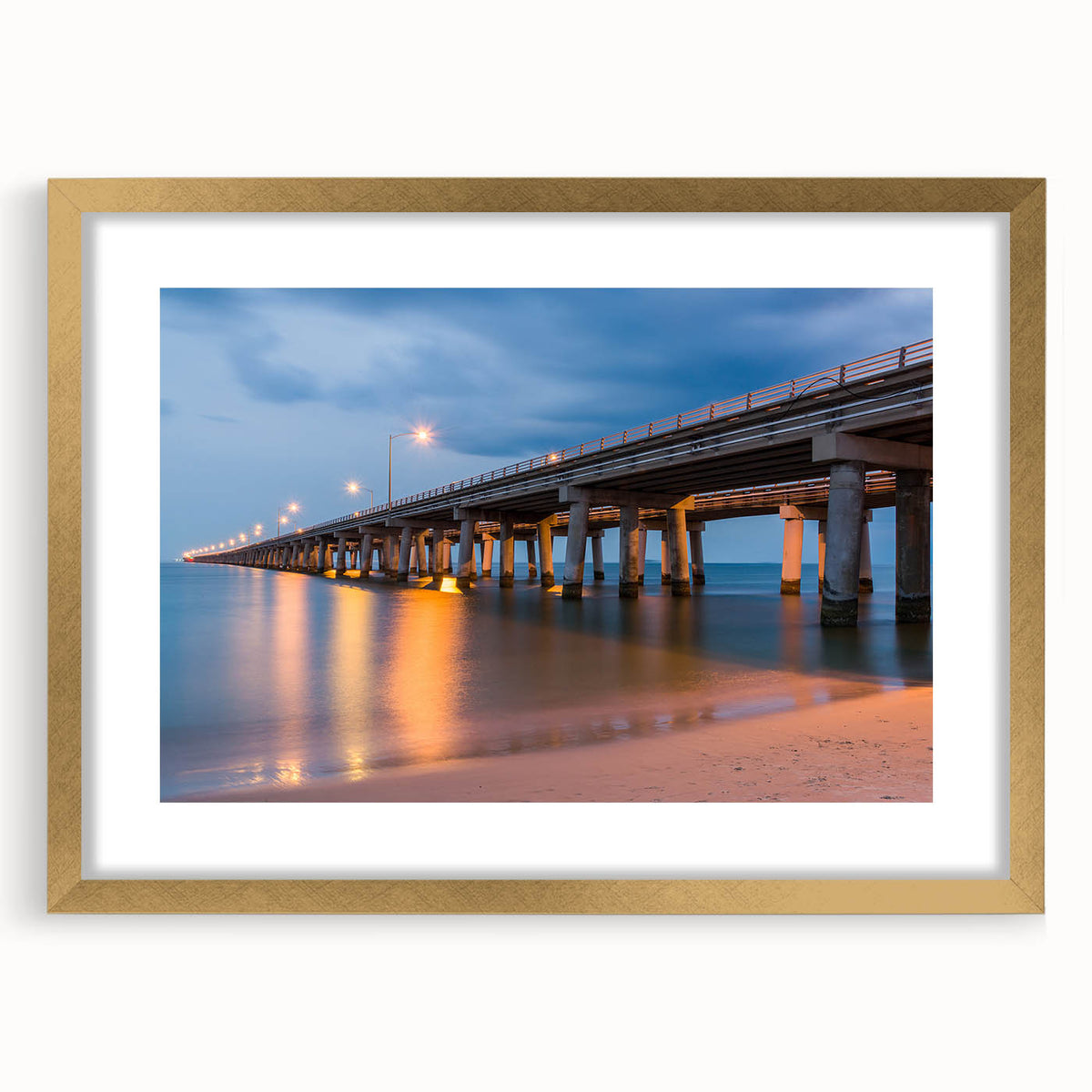 Extra large abstract art print of Chesapeake Bay in textured hues of blue and gray, framed in gold.
