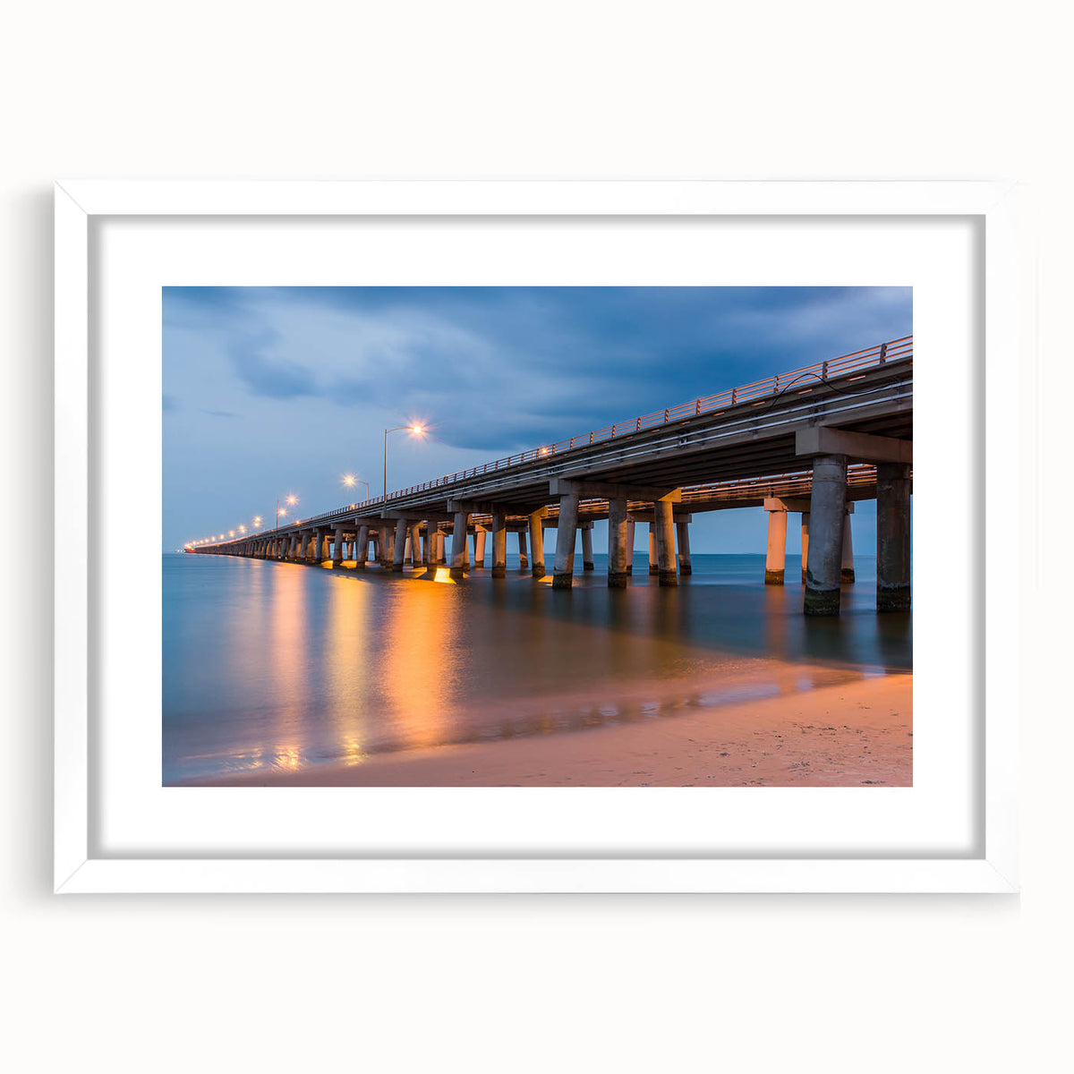 Abstract art print depicting Chesapeake Bay in muted blue and green tones on a white-framed mat.