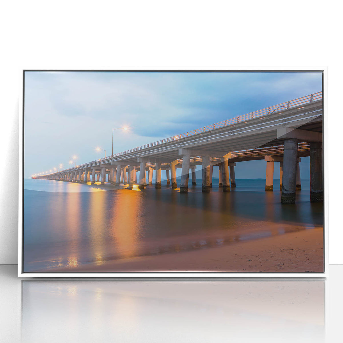 Acrylic print of Chesapeake Bay with soft blue and gray tones in an art deco style, suitable for modern nursery decor.