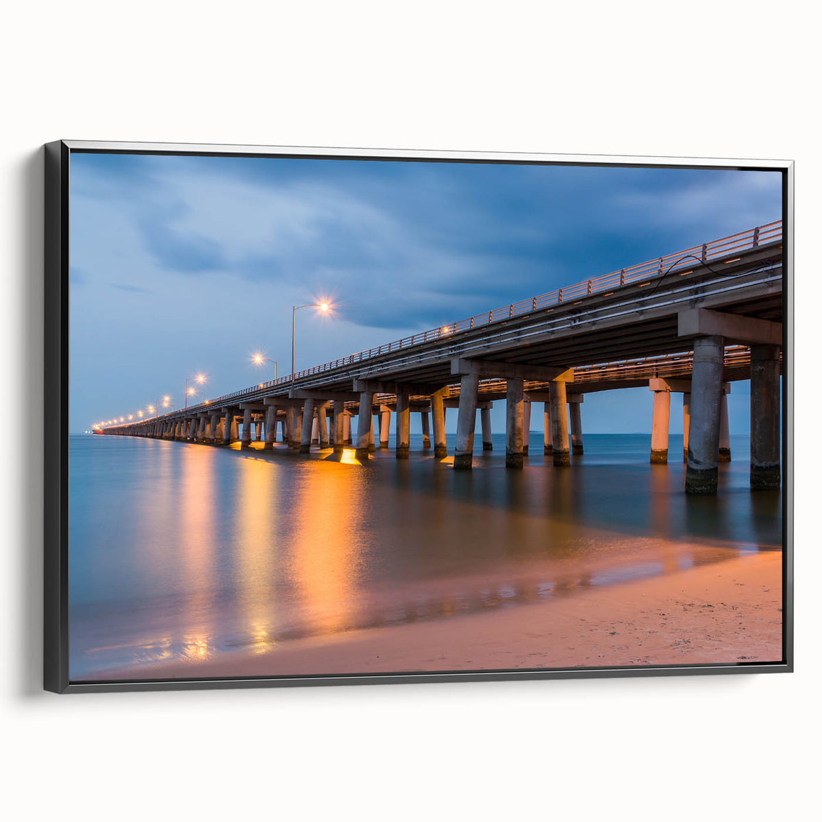 Black and white framed canvas of Chesapeake Bay landscape, ideal for bedroom wall art.