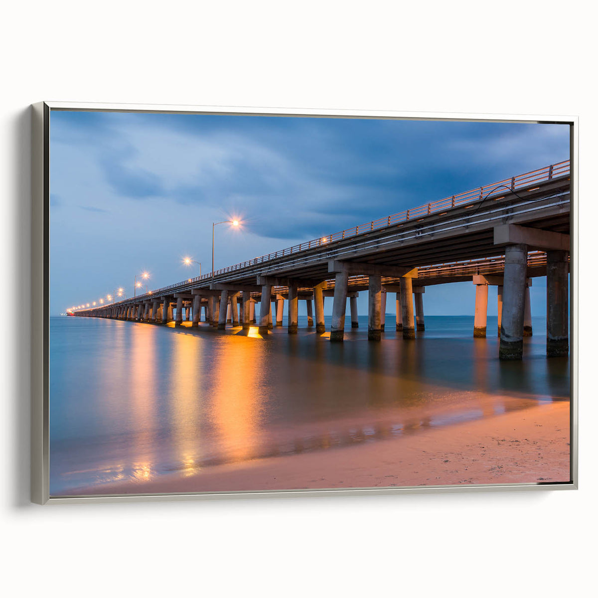 Framed canvas depicting a vintage-style Maryland Chesapeake Bay landscape in muted blues and greens.