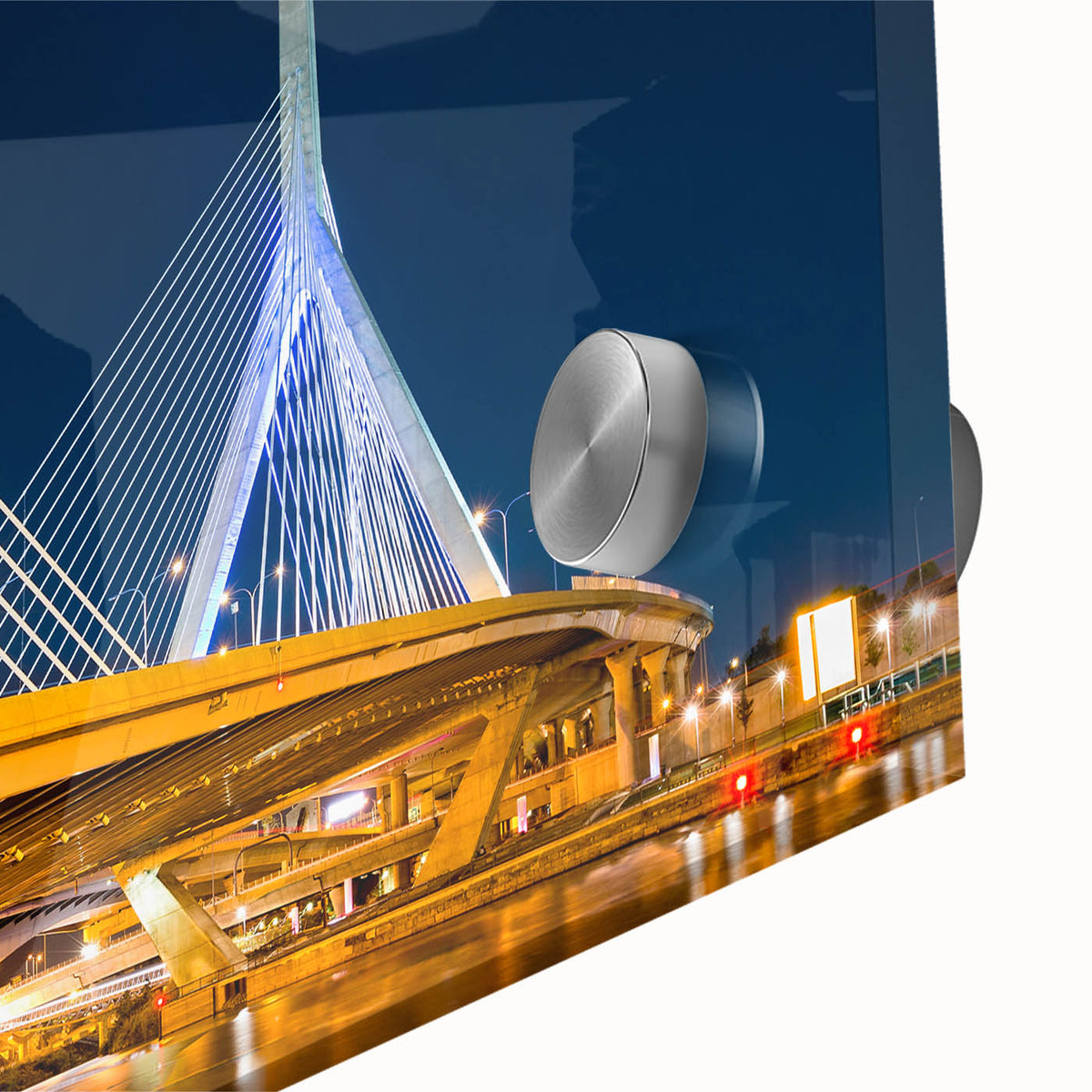 Large abstract wall art of Boston skyline in muted blue tones on acrylic glass, ideal for dining room ambiance.
